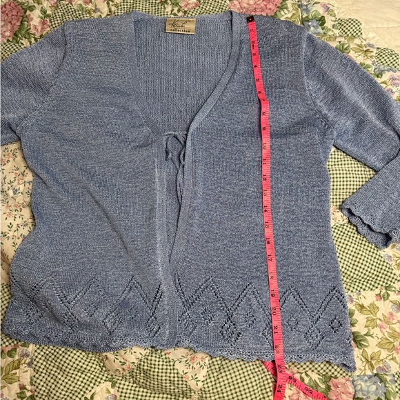 Y2K vintage knit lace detailing baby blue tie front cardigan sweater - Picture 6 of 7